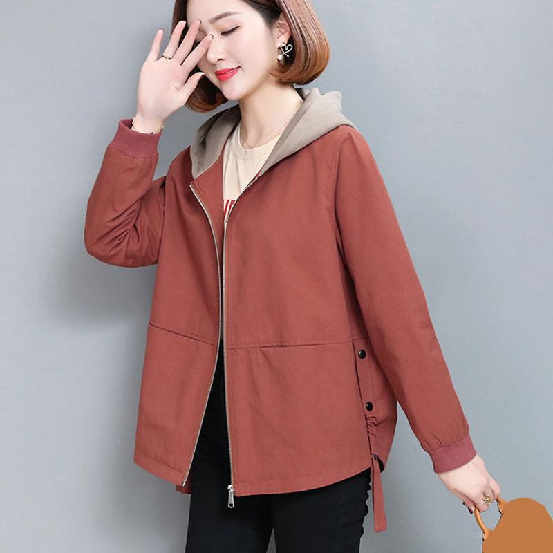 Women Hooded Jacket Thin Spring Autumn Loose Casual Pocket Long Sleeved Short Windbreaker Woman Zipper Up Coats Ladies
