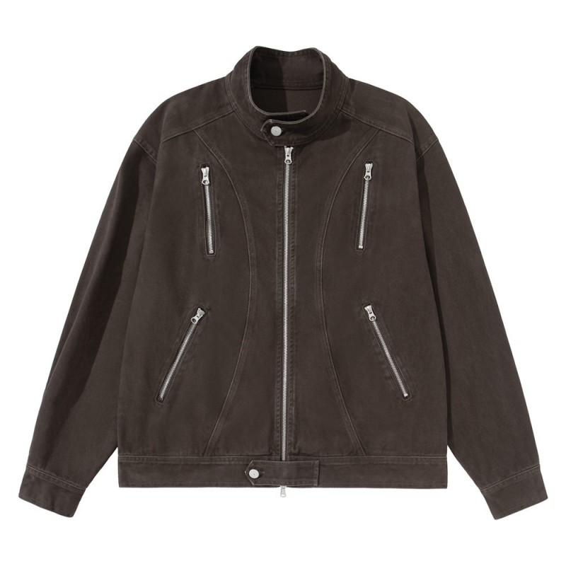Mens Denim Jacket Streetwear Loose Fit Stand Collar Multi-Zipper Pocket Casual Workwear