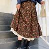 Новая японская женская юбка-миди Mori Girl с высокой талией, темно-синяя, коричневая юбка с цветочным принтом и кружевными оборками, винтажная элегантная вельветовая юбка