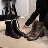 ! Shoes Retro Square Head Horse Leather Thin Short Boots Thick Heel Side Zipper Small Ankle Boots Women