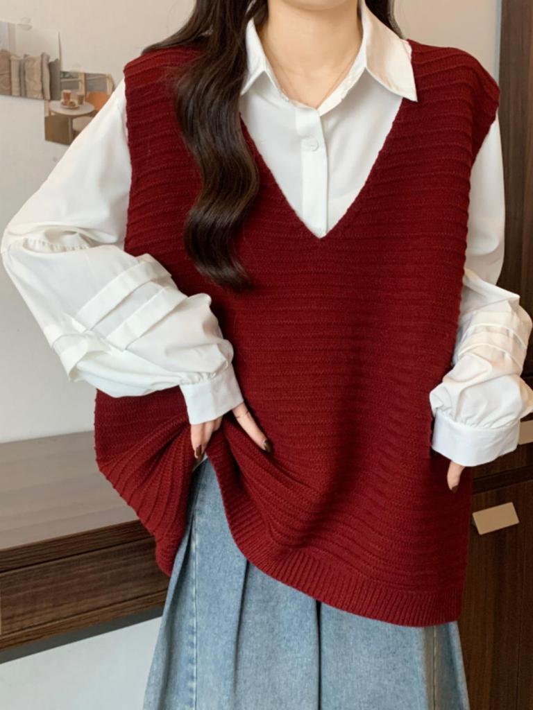 Женский вязаный жилет с V-образным вырезом Design Sense: Свободный, Большого размера, Полосатый, Безрукавный свитер для многослойности осенью и весной.