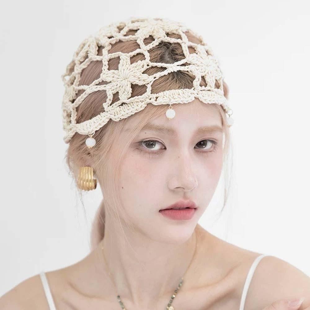 Handmade Crochet Flower Knitted Hat Bohemian Style Woven Cap Cute Hollowed Out Beanie Cap Women