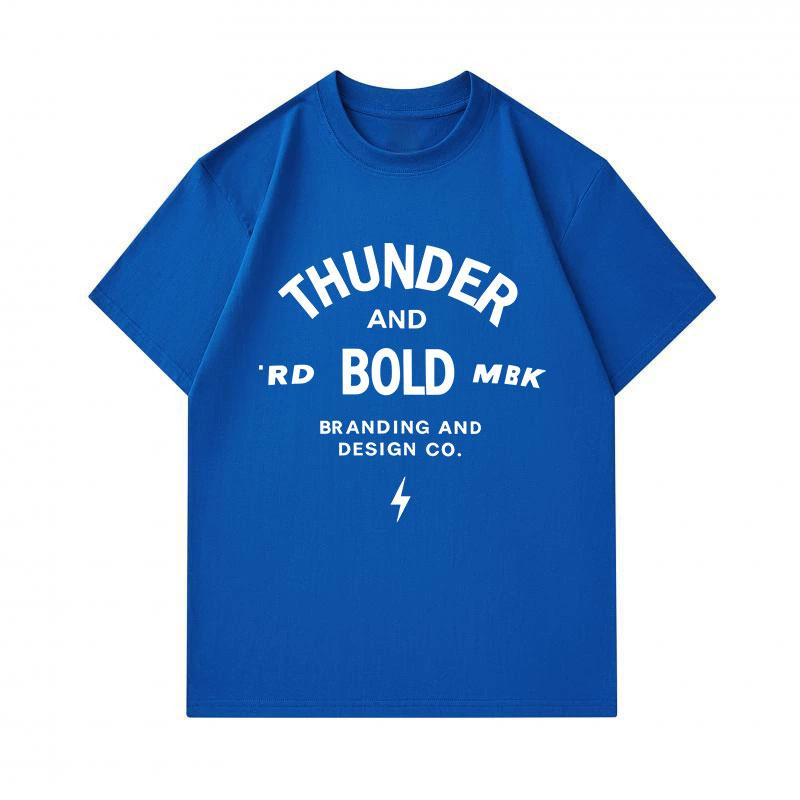 Men's 100% Cotton Crew Neck Short Sleeve T-Shirt, Casual Thunder Text Lightning Print Comfortable Lightweight Summer Daily Wear Loose Fit Graphic Tee