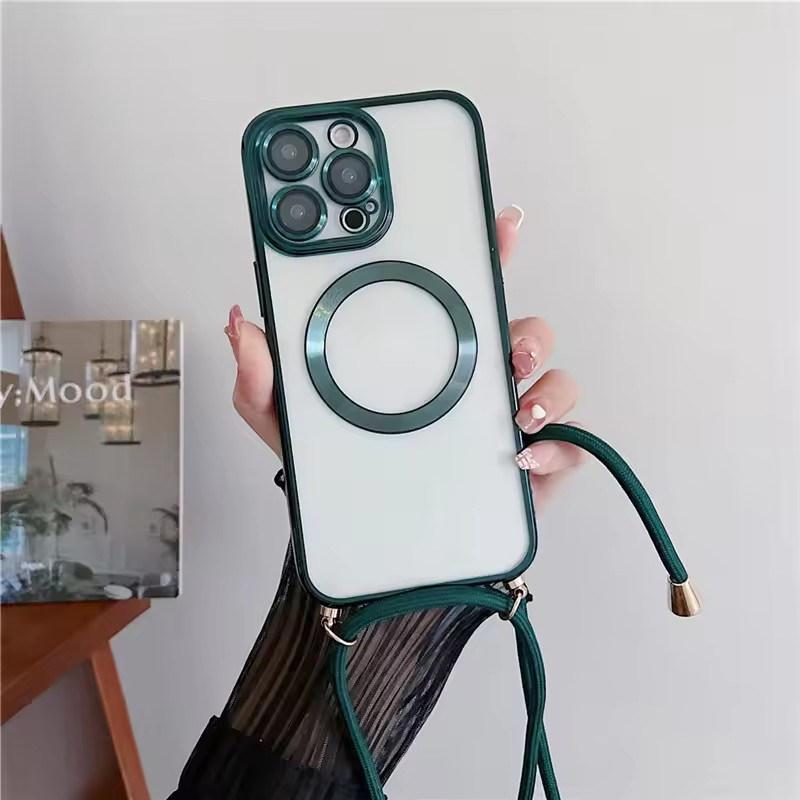 Прозрачные магнитные чехлы с покрытием для беспроводной зарядки MagSafe для iPhone 17 Air 16 15 14 13 12 11 Pro Max Plus с ремешком-шнурком на шею