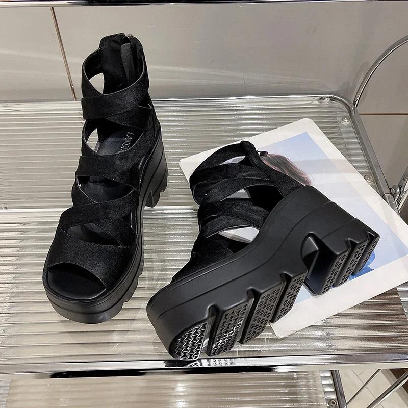 Fashion Women Shoes 2025 New Summer Square Heel Sandals Round Head Hollow-out Suede Back Zipper Waterproof Shoes for Women High Heels