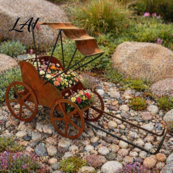 Rustproof Garden Sculptures Rustic Rickshaw Ornament Decorative Metal Yard Sculpture Weatherproof Ornaments Retro Outdoor Decoration for Lawn Patio