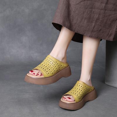 Женские уличные тапочки из натуральной кожи с открытым носком и толстой подошвой, винтажные дышащие сандалии на танкетке