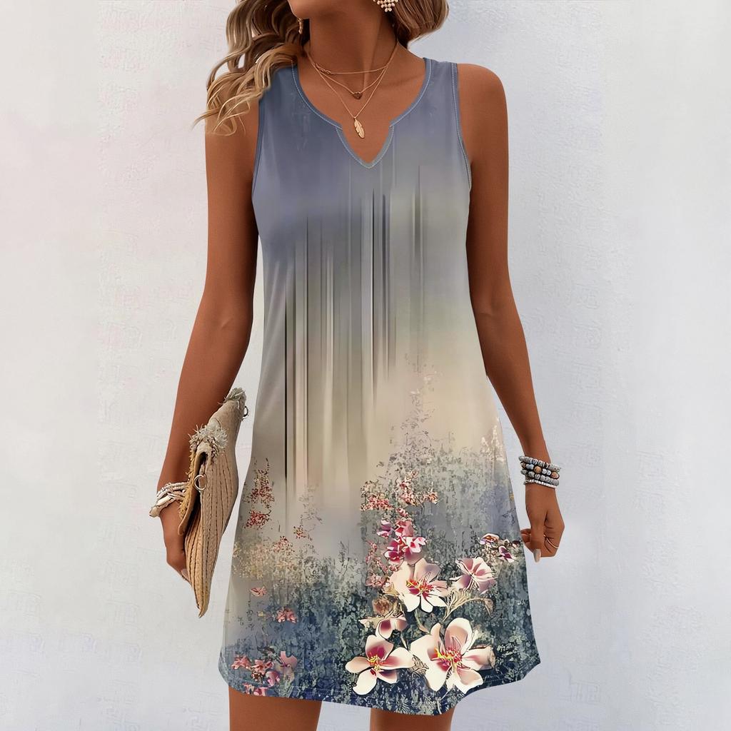 Женские летние платья с V-образным вырезом и принтом без рукавов Сарафан Повседневное платье