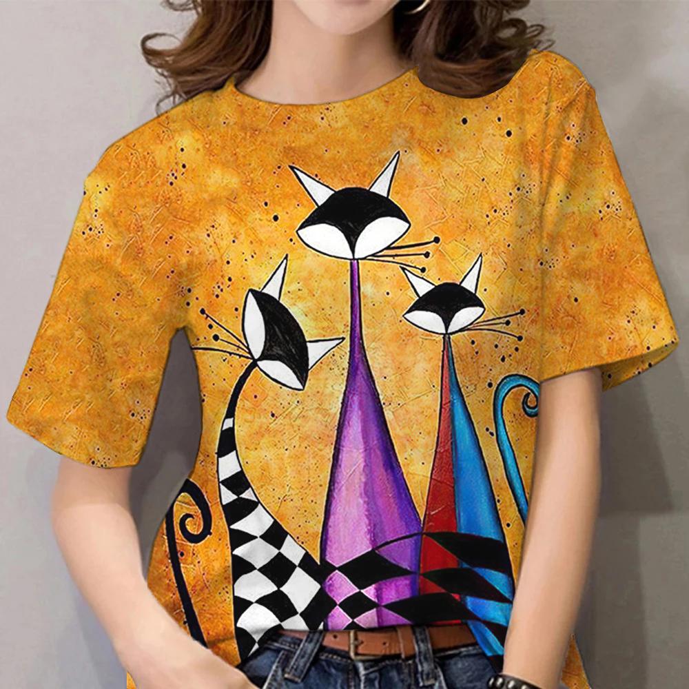 Женская футболка с героями мультфильмов, повседневная одежда с короткими рукавами, топы с кошачьим узором и 3d принтом, футболки, летний пуловер большого размера с круглым вырезом