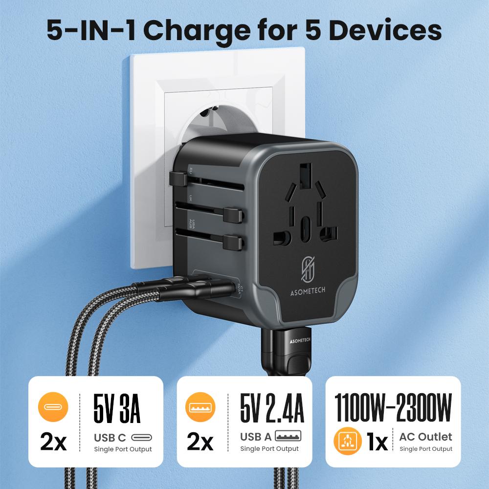 Универсальный дорожный адаптер 5 в 1 с международной вилкой питания с 2 USB-C и 2 USB-A, всемирное сетевое зарядное устройство для вилок США, ЕС, Великобритании, Австралии