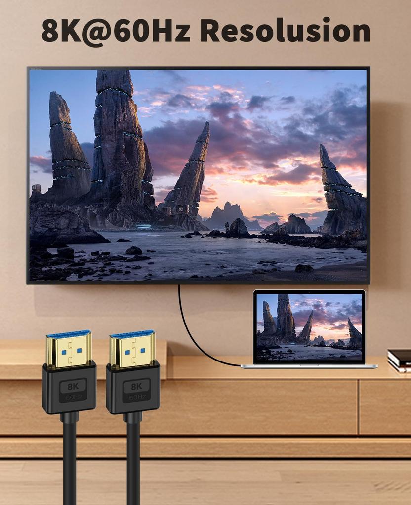 Poyiccot Мягкий кабель HDMI Ультратонкий кабель HDMI Короткий кабель HDMI Стандартный кабель HDMI Сверхвысокоскоростной UHD 48 Гбит/с Кабель-переходник HDMI 0,3 м, 8K, 2.1 8K@60Гц