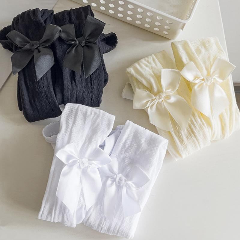 Детские колготки для девочек однотонные с кружевным бантом и ажурными вырезами для детей, милые тонкие дышащие леггинсы, летние, милые чулки