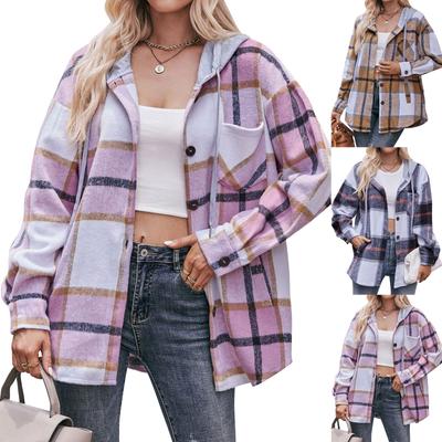 Женская модная клетчатая рубашка с длинным рукавом на пуговицах, с капюшоном, карманом и кулиской, повседневная куртка-рубашка