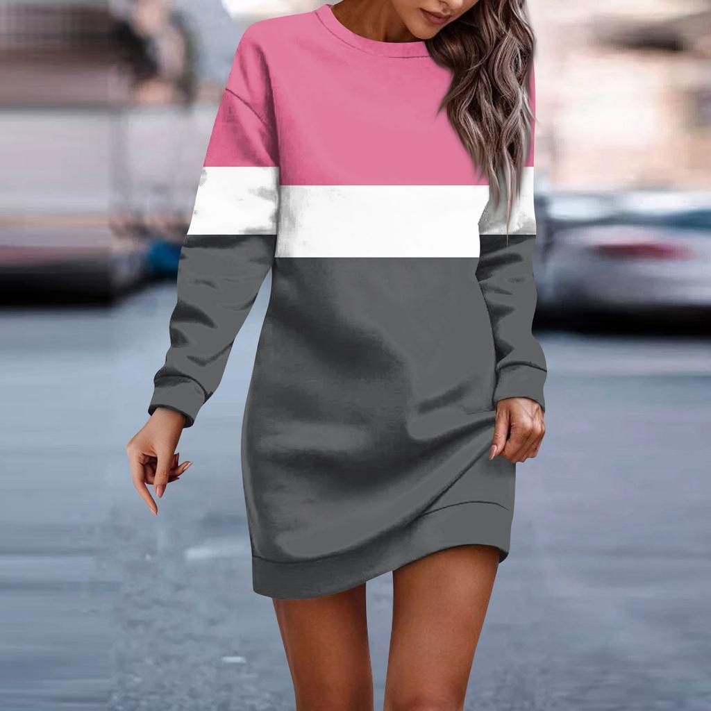Women's Round Neck Striped Patchwork Printed Long Sleeve Hip Dress Sweatshirt Dresses