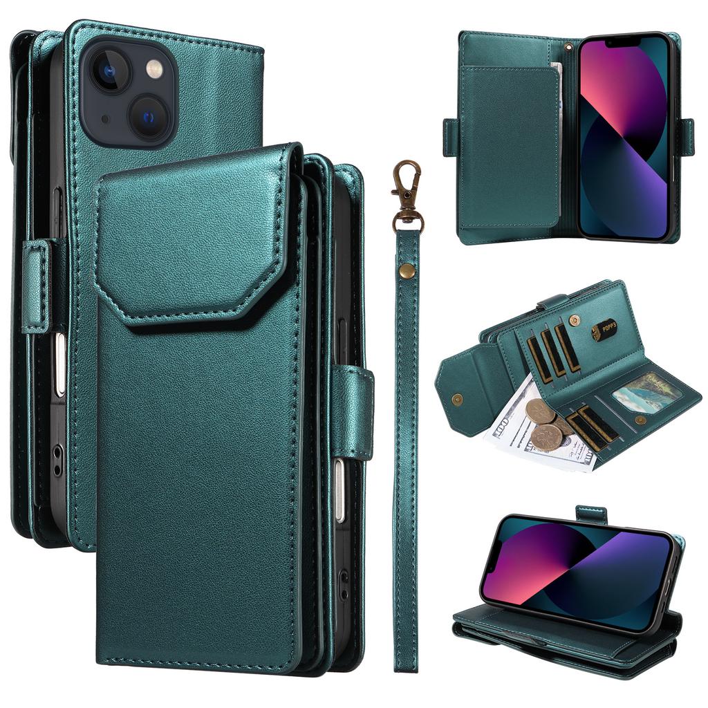 For iPhone 14 Plus Case with Multi-Card Holder and Strap PU Leather Phone Cover Stand