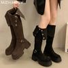 Женские замшевые высокие сапоги на толстом каблуке выше колена, женская обувь 2025 года, трендовая зимняя мода, ретро-сапоги для мотоциклистов, Mujer Botas