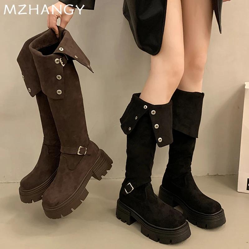 Женские замшевые высокие сапоги на толстом каблуке выше колена, женская обувь 2025 года, трендовая зимняя мода, ретро-сапоги для мотоциклистов, Mujer Botas