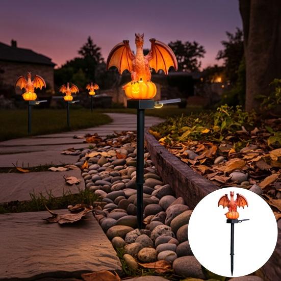 Illuminated Garden Art for Dragon Fans Solar Powered Dragon/Bat Pumpkin Statue Light, Decorative Stake Lamp, Halloween Lawn Ornament with Lights