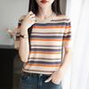 Round Neck Pure Cotton Stripe Knitted Short-sleeved Women's Summer Fashion Versatile Simple Pullover T-shirt Loose and Atmospheric Top