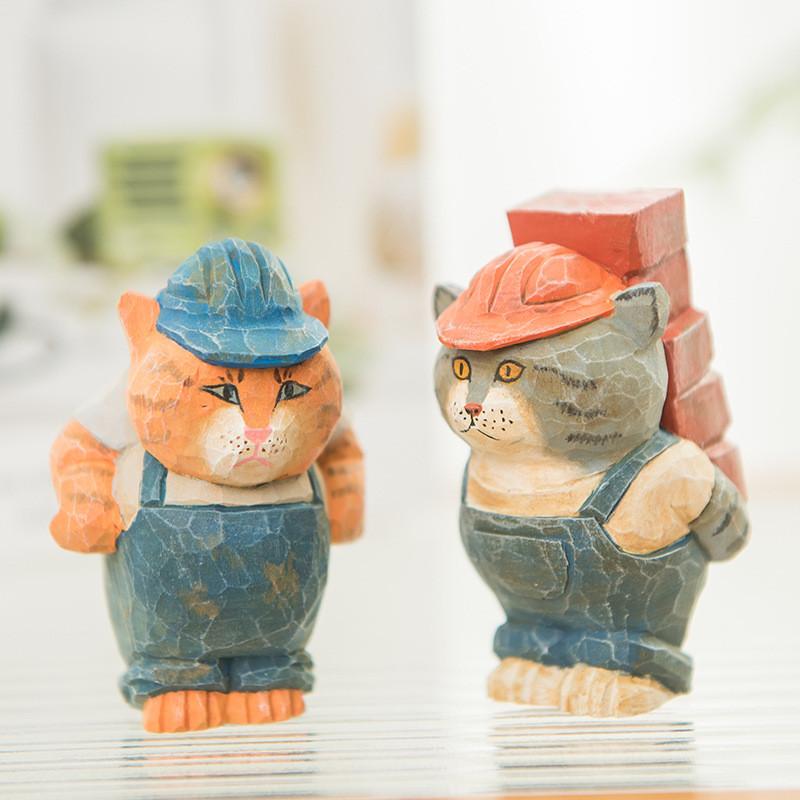 Cat Sculpture Handcrafted Wooden Figurine Decorative Home Office Accessory