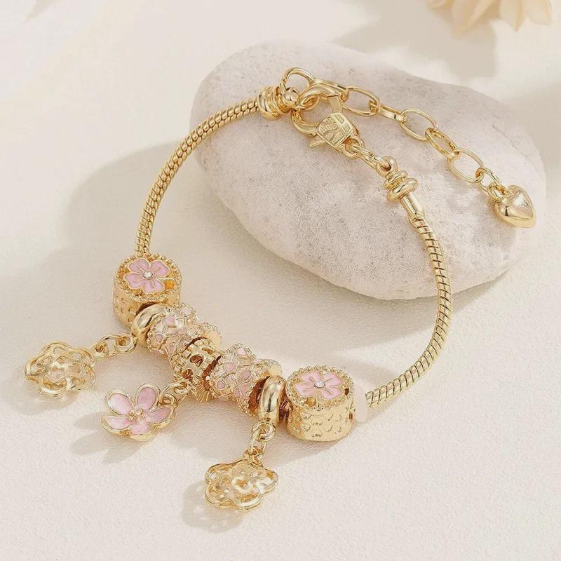 Браслет Panjia DIY из бисера Дора с подвеской в виде цветка из стразов на медной цепочке