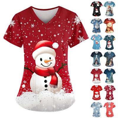 Женский свободный облегающий топ с принтом рождественского снеговика и V-образным вырезом, короткими рукавами и карманами