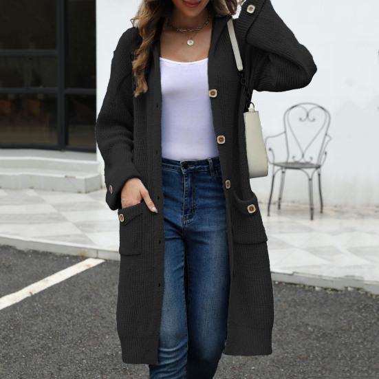 Women Knitted Cardigan Hooded Long Sleeve Single Breasted Sweater Coat with Pockets Solid Color Loose Fit Mid-length Knitwear