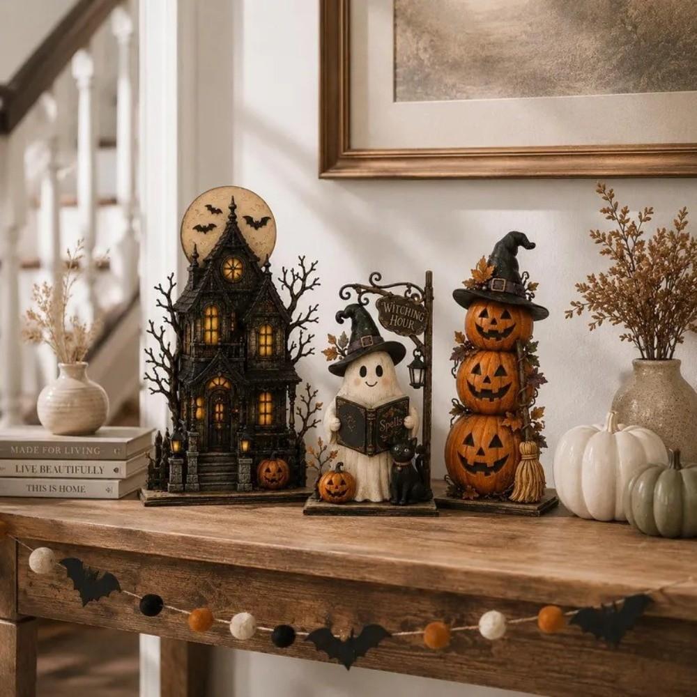 2D Flat Halloween Pumpkin Ghost Figurine Spooky Stacked Pumpkin Cart Ornament  Desktop Decor