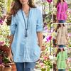 Women Spring Shirt V-neck Long Sleeve Single Breasted Shirt Tops Loose Fit Buttons Placket Mid-length