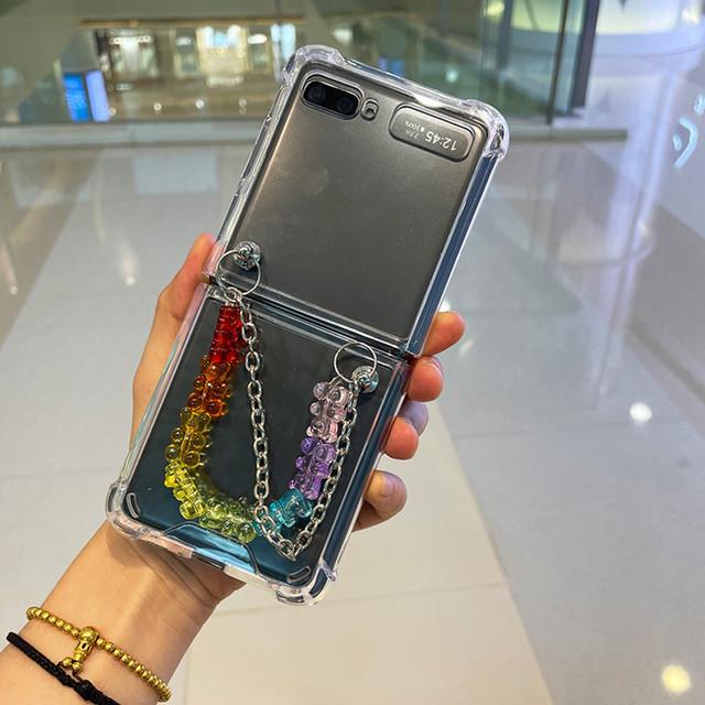 Симпатичный кожаный браслет-цепочка с бусинами, медведем и цветком, чехол для телефона для Samsung Galaxy Z Flip 4 Z Flip 3, прозрачный противоударный Z-откидной чехол Para