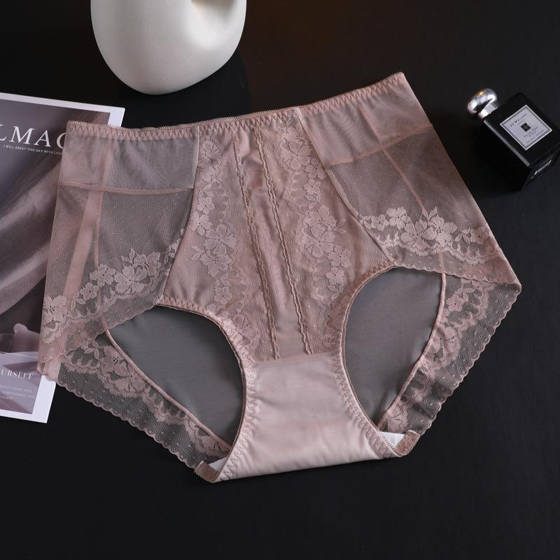 Women's Summer New Chinese Light Luxury Sexy Satin Soft Lace Traceless Breathable Mid Waist Panties