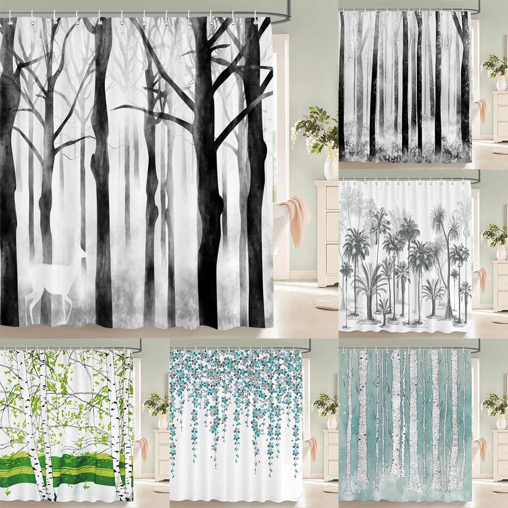 Waterproof Fabric Shower Curtains Tree leaves White Birch Bathroom Large 240X180 3D Print Decoration Shower Curtain Bath Scree