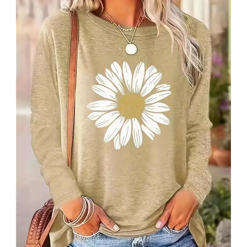 2025 Осень и Зима Женский Новый Повседневный Топ с Круглым Вырезом и Длинным Рукавом с 3D Цветочным Узором