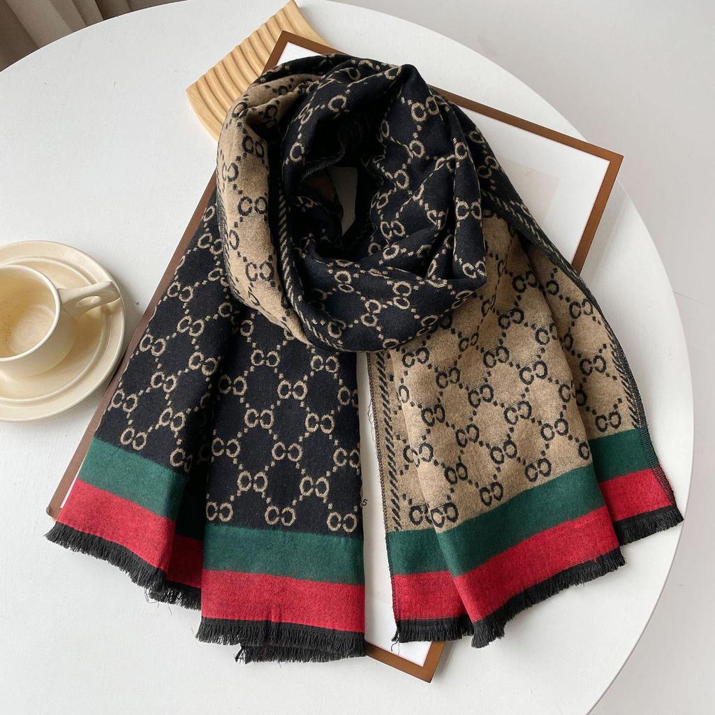 2025 High-End Women's Korean Style Versatile Shawl: Double-Sided, Warm, Imitation Cashmere Scarf with Old Flower Design for Autumn/Winter.