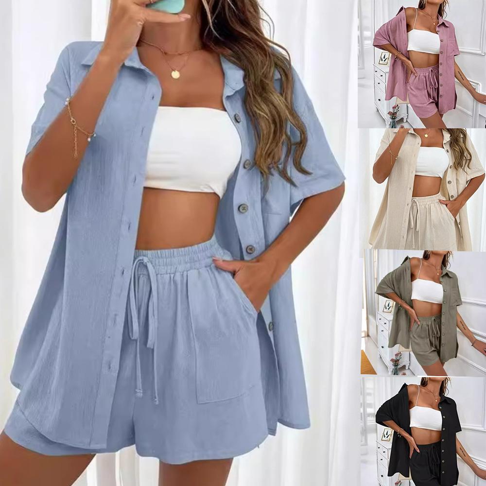 Женские модные шорты, комплект из двух однотонных рубашек, повседневные свободные с короткими рукавами, однобортные женские модели