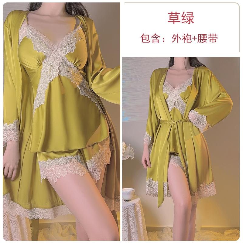 Women's Satin Lace Deep V Padded Cami Top Shorts with Robe Lounge Set
