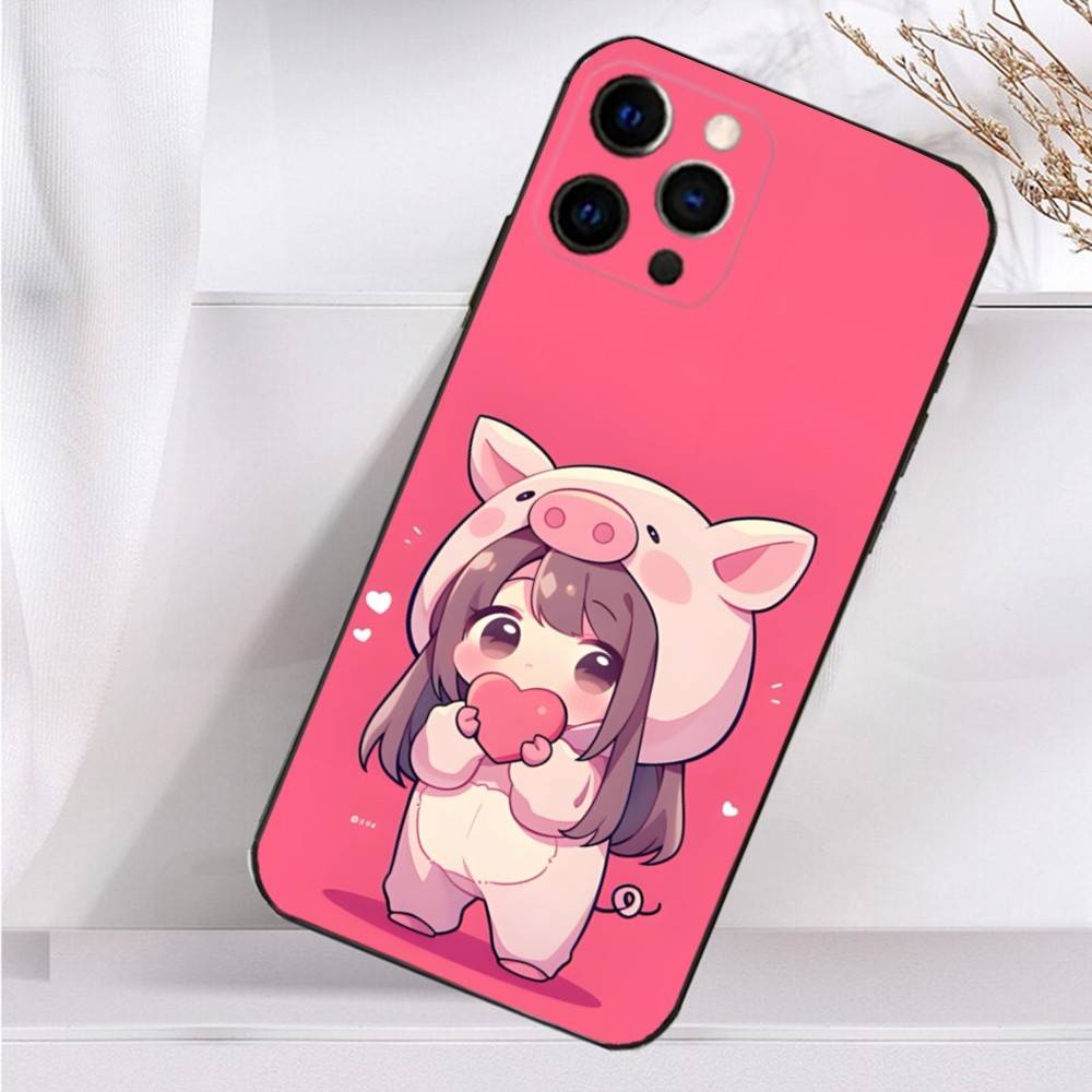 Beauty Girl Cartoon Pink Case For iPhone 16,15,17,14,13,12,11 Plus,Pro Max,XS,X,XR,SE,Mini,8,7 Soft Silicone Black Cover