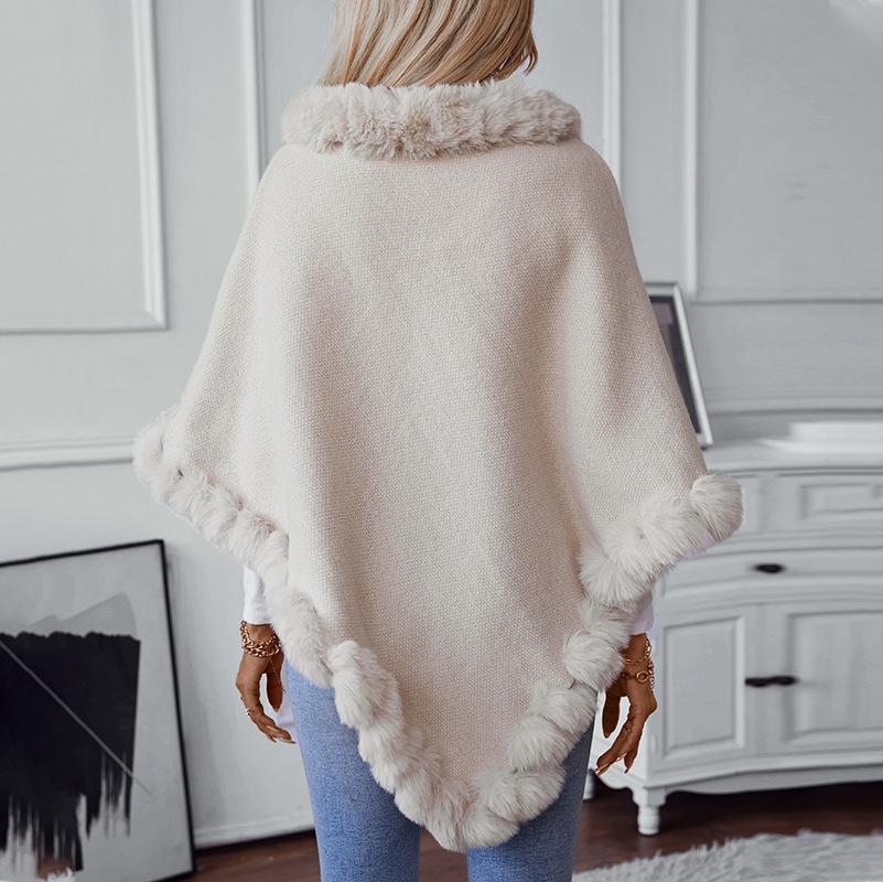 Casual Poncho for Women Solid Color Shawl Wrap Cape with Faux Fur Trim Winter Sleeveless Cloak Coat Womens Warm Pullover Luxury Knitted Sweater Poncho