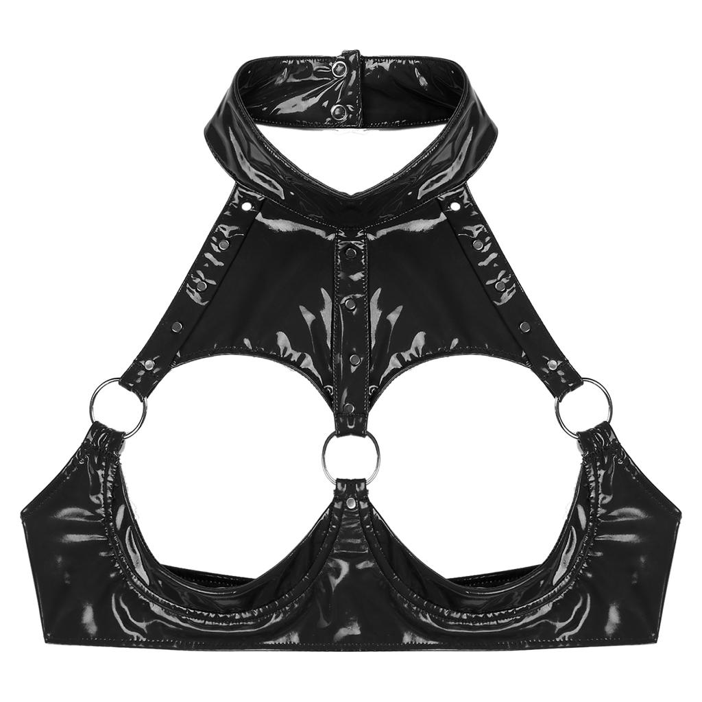 Женский бюстгальтер на косточках с открытой чашкой, укороченный топ, модный жилет с заклепками и уплотнительным кольцом, жилет с открытой спиной, топы из лакированной кожи с мокрым эффектом, клубная одежда