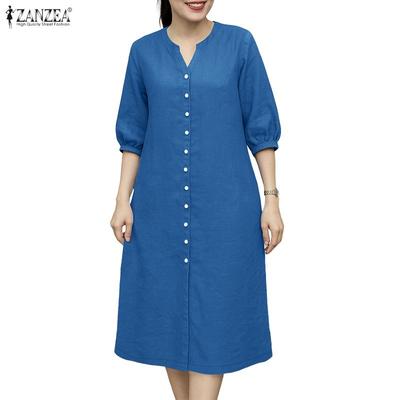 Женское повседневное платье с V-образным вырезом, однотонное, свободного кроя, с рукавами 3/4