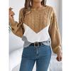 Women's Autumn/Winter Sweatshirt-Style Casual Colour-Block Cable-Knit Bell-Sleeve Pullover Loose-Fit Knitted Top for Ladies