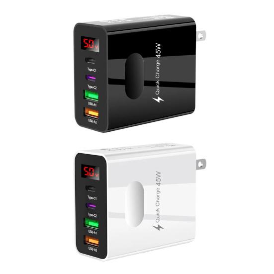 Зарядный адаптер для телефона Type-C USB 4 порта Быстрая зарядка 45 Вт Высокая мощность с цифровым дисплеем Зарядная головка с вилкой US для iPhone для Huawei