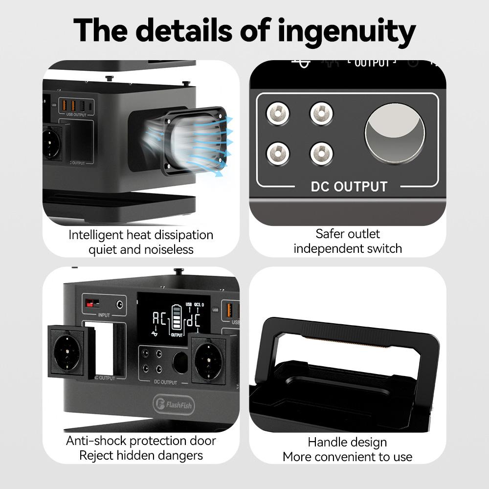 Портативная электростанция Flashfish P63, солнечный генератор с литиевой батареей 520 Вт/140 400 мАч, выход переменного тока 500 Вт, 5 выходов постоянного тока, 4 выхода USB — вилка европейского стандарта