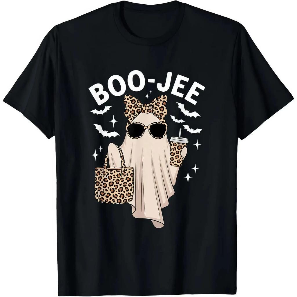 Boo-Jee Ghost Unisex Cotton T-Shirt, Leopard Ghost Tee, Ghost Coffee