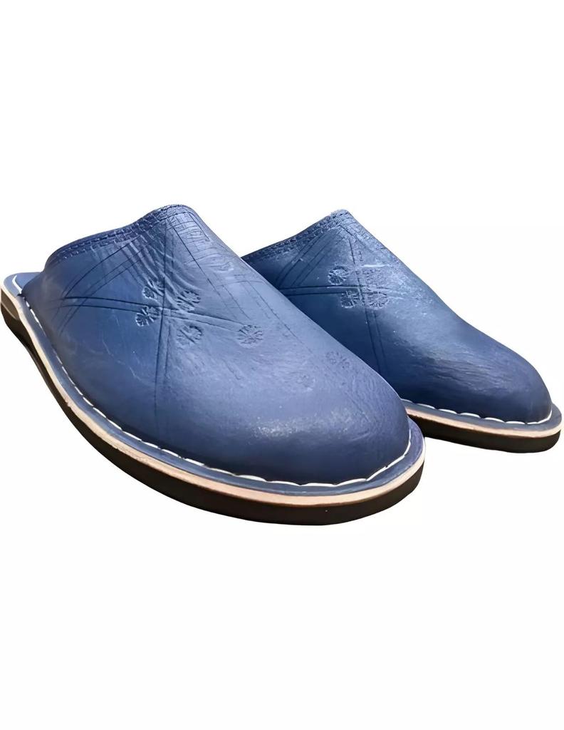Mule Babouches Round Toe In Leather  – 100% Handmade In Morocco Berbers – Blue for Men and Woman