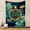 Golden Turtle with Floral Motif On Blue Patterned Tapestry for Bedroom and Living Room Home Decor