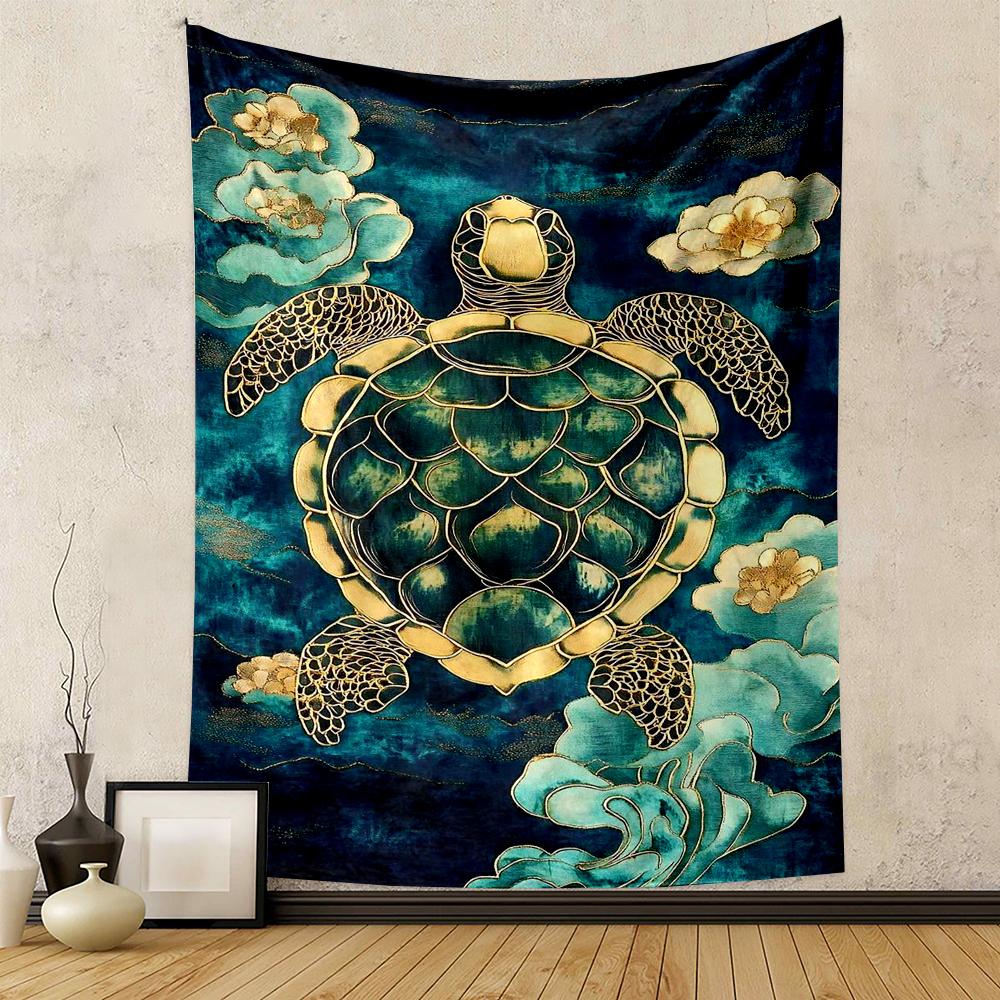 Golden Turtle with Floral Motif on Blue Patterned tapestry for bedroom and living room home decor