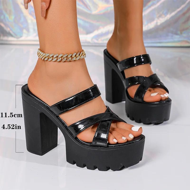 Fashion Cross Band Super High Heels Sandals Women Plus Size Pu Leather Chunky Platform Slippers Thick Sole Non Slip Square Heels Shoes