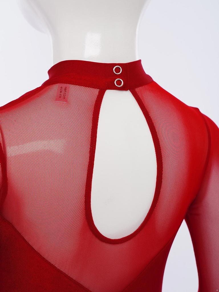 Платье для фигурного катания для девочек, сетчатые длинные рукава, воротник-стойка, вырез-капелька сзади, блестящие стразы, асимметричный подол, трико