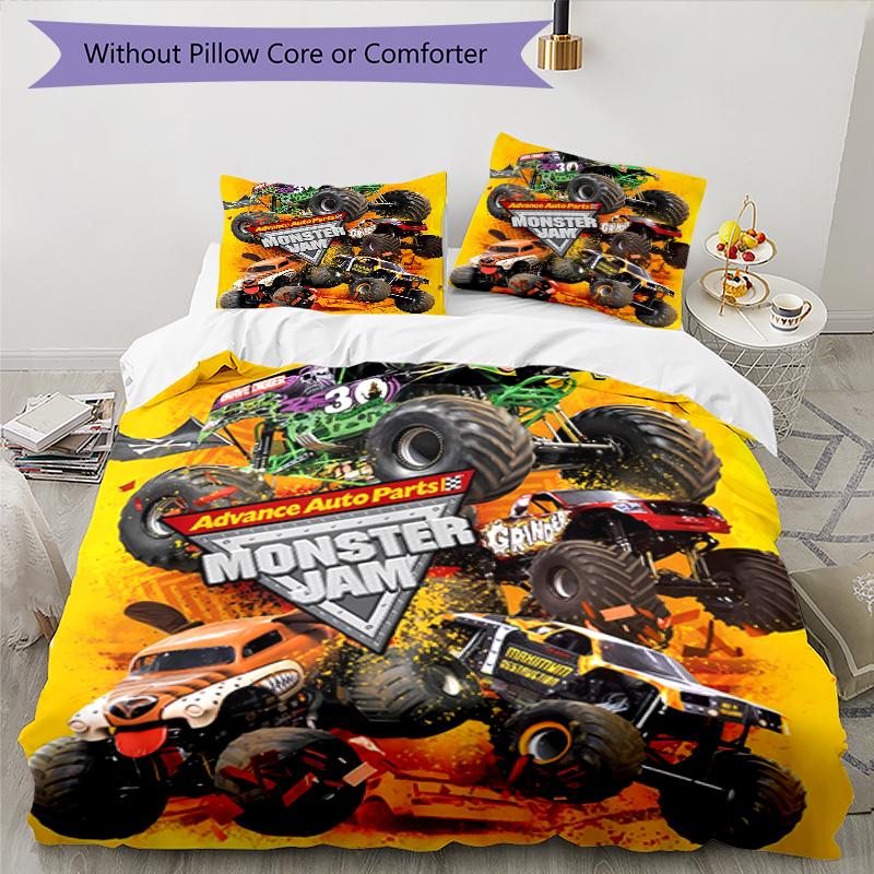 3pcs Monster Jam pattern bedding set duvet cover set includes duvet cover &pillowcases, perfect all season bedroom decoration & gift